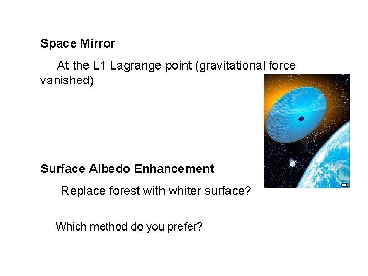 Space Mirror At the L 1 Lagrange point (gravitational force vanished) Surface Albedo Enhancement