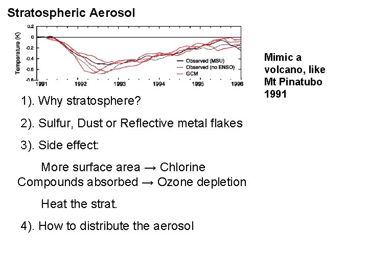 Stratospheric Aerosol 1). Why stratosphere? 2). Sulfur, Dust or Reflective metal flakes 3). Side