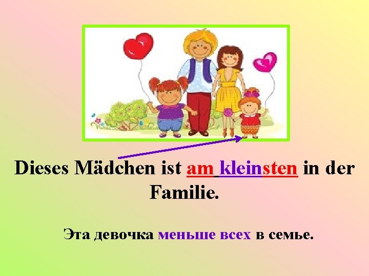 Dieses Mädchen ist am kleinsten in der Familie. Эта девочка меньше всех в семье.