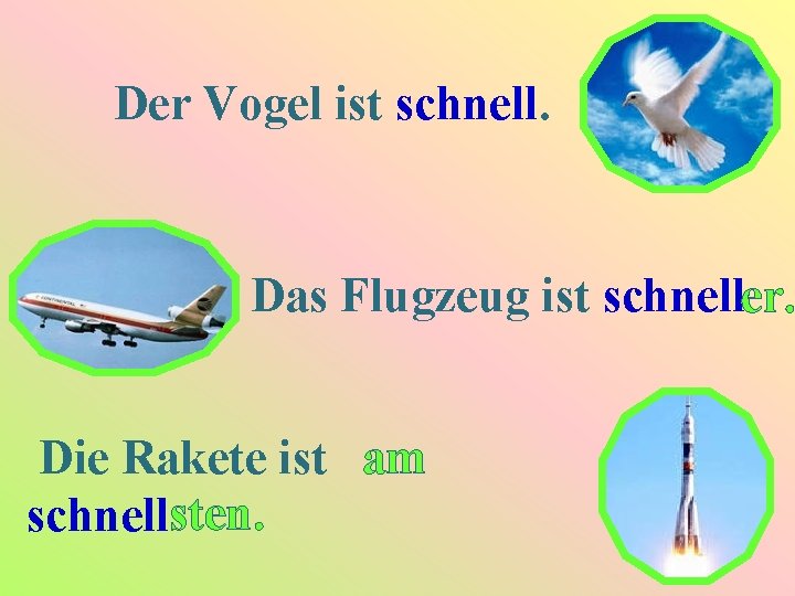 Der Vogel ist schnell. Das Flugzeug ist schneller. Die Rakete ist am schnellsten. 