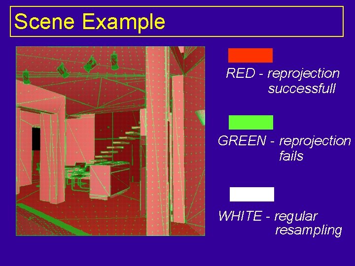 Scene Example RED - reprojection successfull GREEN - reprojection fails WHITE - regular resampling