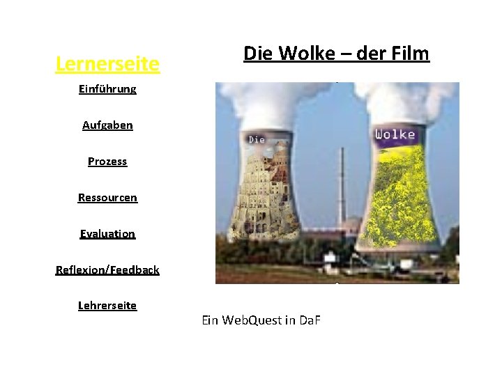 Lernerseite Die Wolke – der Film Einführung Aufgaben Prozess Ressourcen Evaluation Reflexion/Feedback Lehrerseite Ein