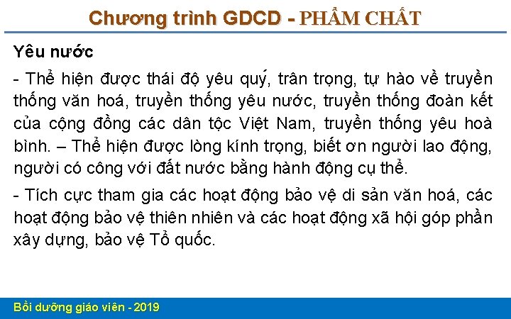 Chương trình GDCD - PHẨM CHẤT Yêu nước - Thể hiện được thái độ