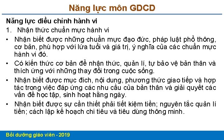 Năng lực môn GDCD Năng lực điều chỉnh hành vi 1. Nhận thức chuẩn