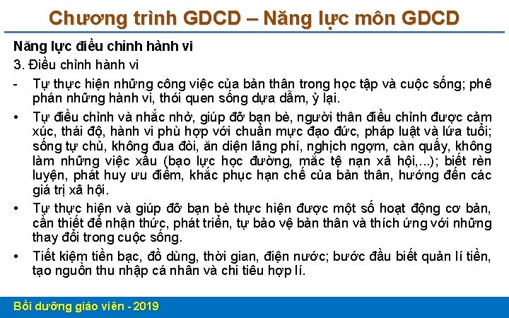 Chương trình GDCD – Năng lực môn GDCD Năng lực điều chỉnh hành vi