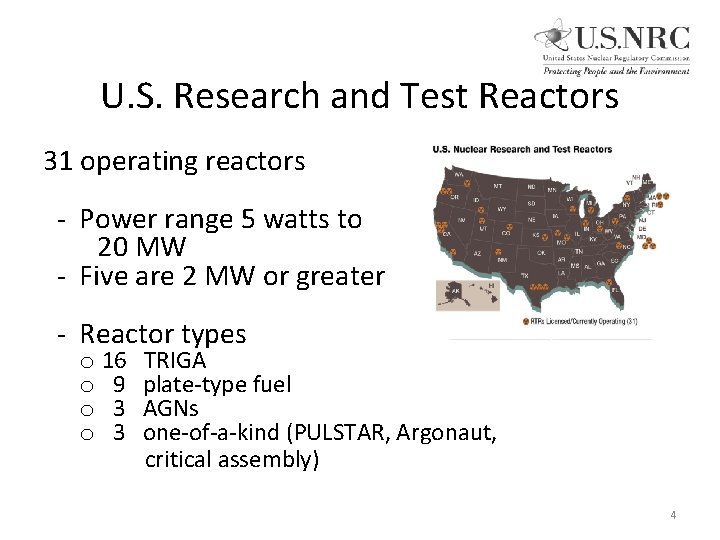 U. S. Research and Test Reactors 31 operating reactors - Power range 5 watts