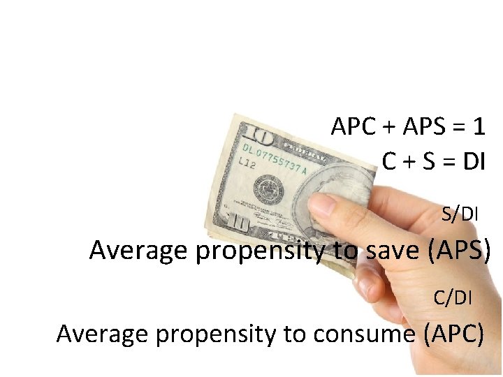 APC + APS = 1 C + S = DI S/DI Average propensity to