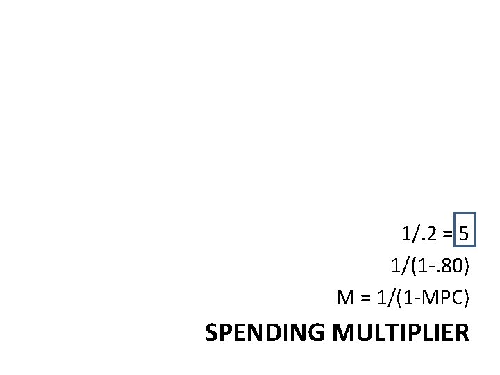 1/. 2 = 5 1/(1 -. 80) M = 1/(1 -MPC) SPENDING MULTIPLIER 