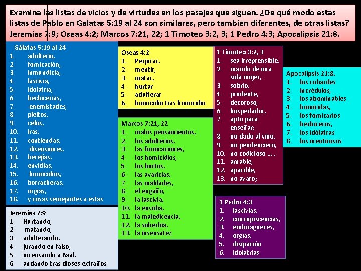 Examina las listas de vicios y de virtudes en los pasajes que siguen. ¿De