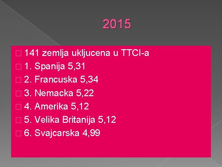 2015 � 141 zemlja ukljucena u TTCI-a � 1. Spanija 5, 31 � 2.