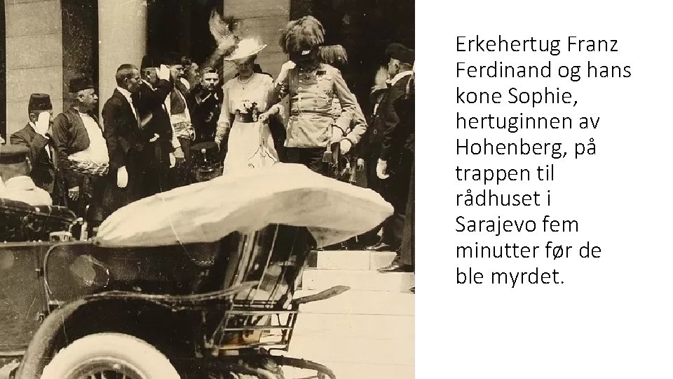 Erkehertug Franz Ferdinand og hans kone Sophie, hertuginnen av Hohenberg, på trappen til rådhuset