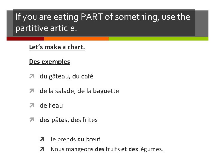 If you are eating PART of something, use the partitive article. Let’s make a