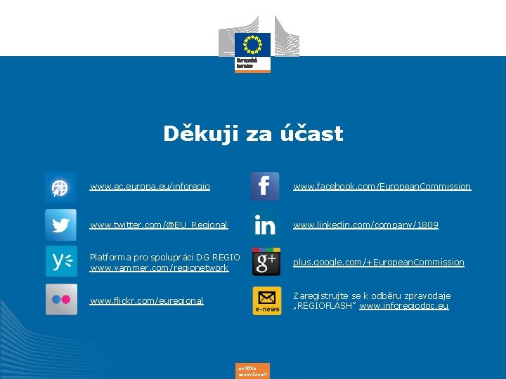 Děkuji za účast www. ec. europa. eu/inforegio www. facebook. com/European. Commission www. twitter. com/@EU_Regional