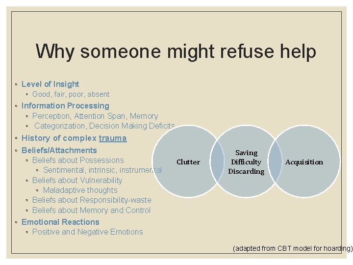 Why someone might refuse help ◦ Level of Insight ◦ Good, fair, poor, absent