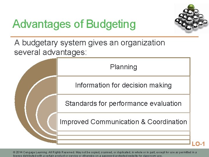 Advantages of Budgeting A budgetary system gives an organization several advantages: Planning Information for