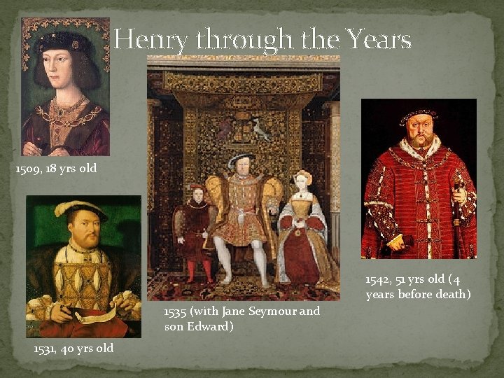 Henry through the Years 1509, 18 yrs old 1542, 51 yrs old (4 years