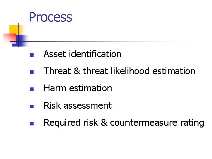 Process n Asset identification n Threat & threat likelihood estimation n Harm estimation n