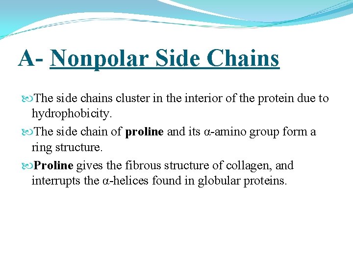 A- Nonpolar Side Chains The side chains cluster in the interior of the protein