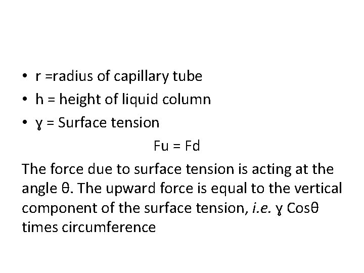  • r =radius of capillary tube • h = height of liquid column