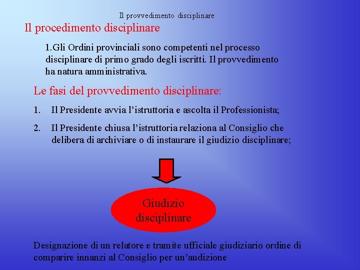 Il provvedimento disciplinare Il procedimento disciplinare 1. Gli Ordini provinciali sono competenti nel processo