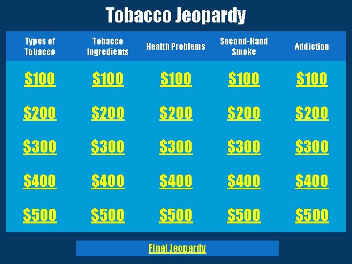 Tobacco Jeopardy Types of Tobacco Ingredients Health Problems Second-Hand Smoke Addiction $100 $100 $200