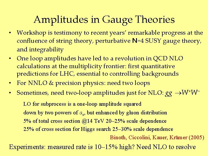 Amplitudes in Gauge Theories • Workshop is testimony to recent years’ remarkable progress at