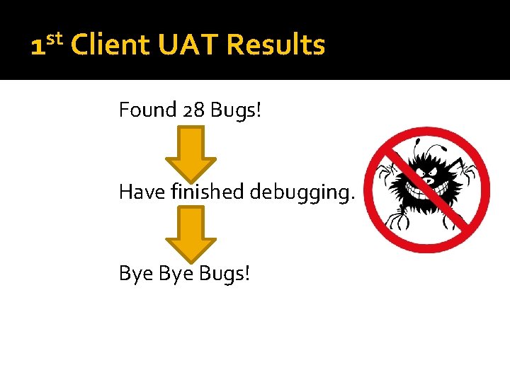 st 1 Client UAT Results Found 28 Bugs! Have finished debugging. Bye Bugs! 