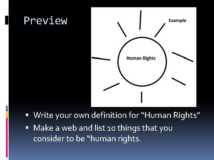 Preview Write your own definition for “Human Rights” Make a web and list 10