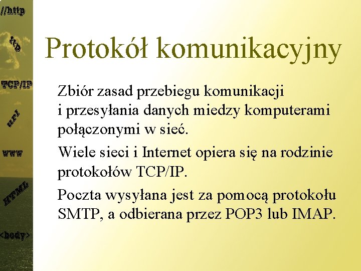 Protokół komunikacyjny Zbiór zasad przebiegu komunikacji i przesyłania danych miedzy komputerami połączonymi w sieć.