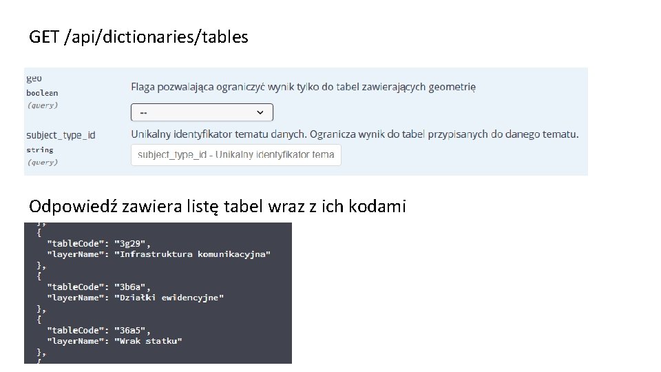 GET /api/dictionaries/tables Odpowiedź zawiera listę tabel wraz z ich kodami 