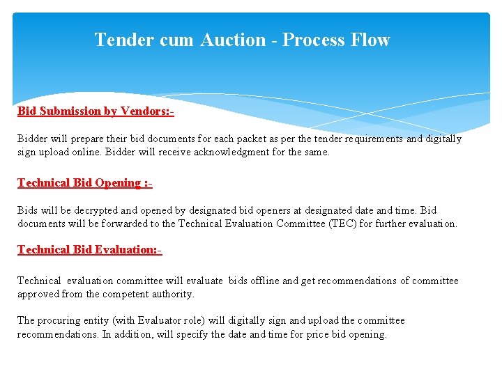 Tender cum Auction - Process Flow Bid Submission by Vendors: Bidder will prepare their