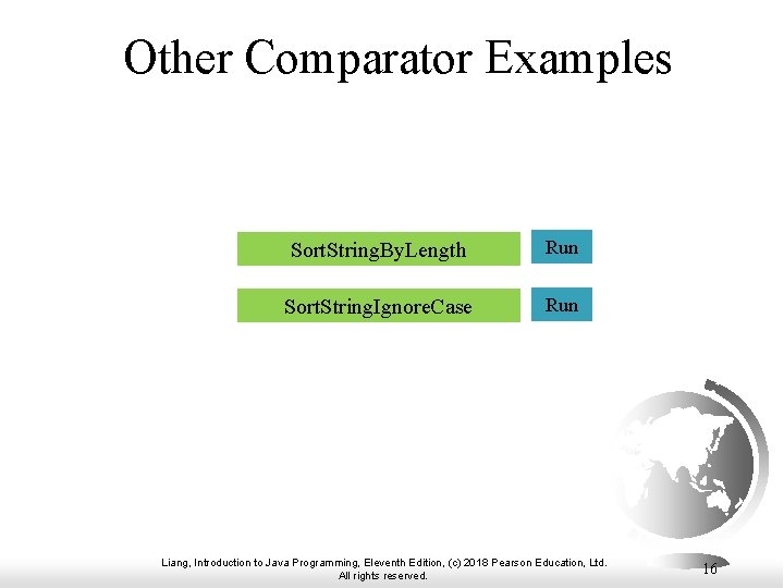 Other Comparator Examples Sort. String. By. Length Run Sort. String. Ignore. Case Run Liang,