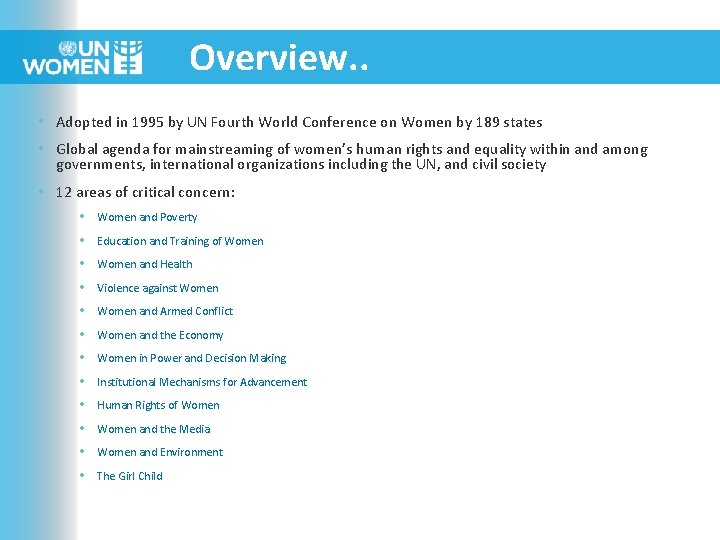 Overview. . • Adopted in 1995 by UN Fourth World Conference on Women by