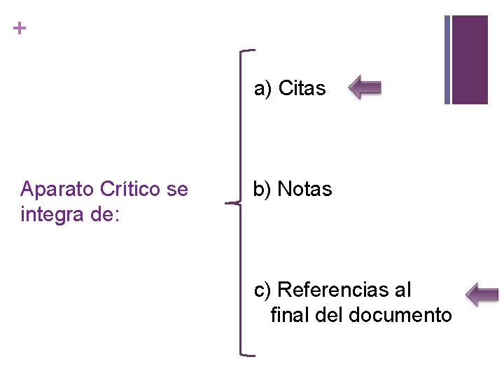 + a) Citas Aparato Crítico se integra de: b) Notas c) Referencias al final
