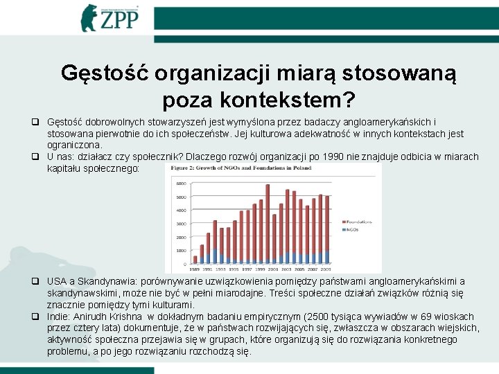 Gęstość organizacji miarą stosowaną poza kontekstem? q Gęstość dobrowolnych stowarzyszeń jest wymyślona przez badaczy