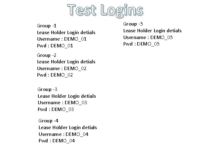 Test Logins Group -1 Lease Holder Login detials Username : DEMO_01 Pwd : DEMO_01