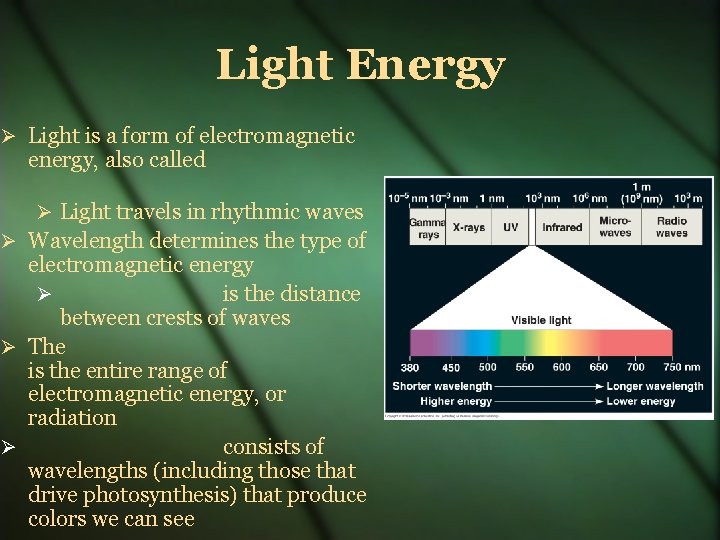 Light Energy Light is a form of electromagnetic energy, also called Light travels in