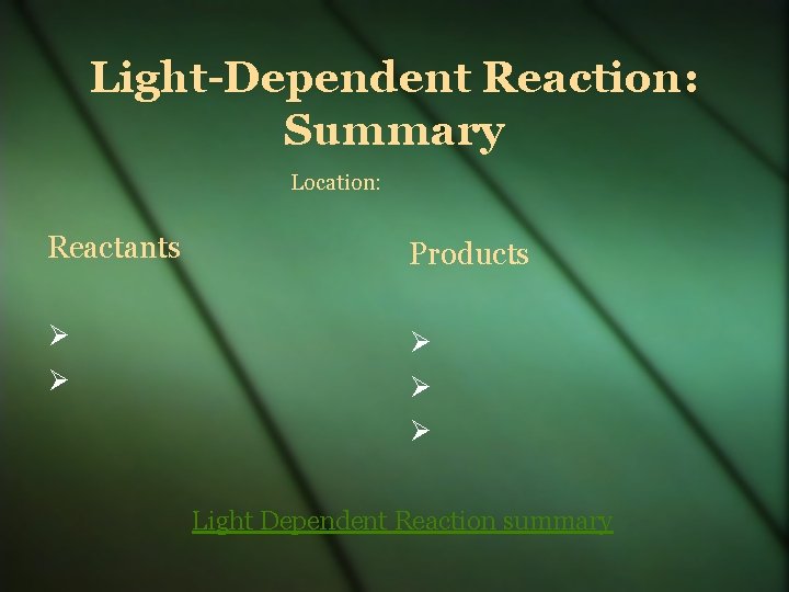 Light-Dependent Reaction: Summary Location: Reactants Products Light Dependent Reaction summary 