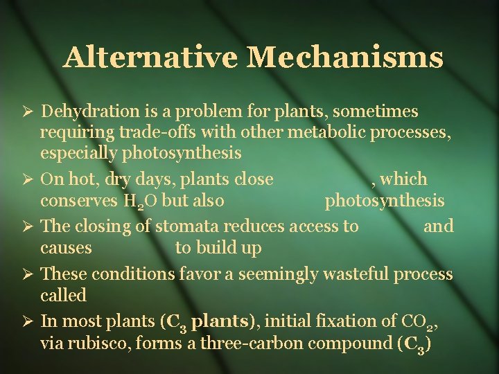 Alternative Mechanisms Dehydration is a problem for plants, sometimes requiring trade-offs with other metabolic