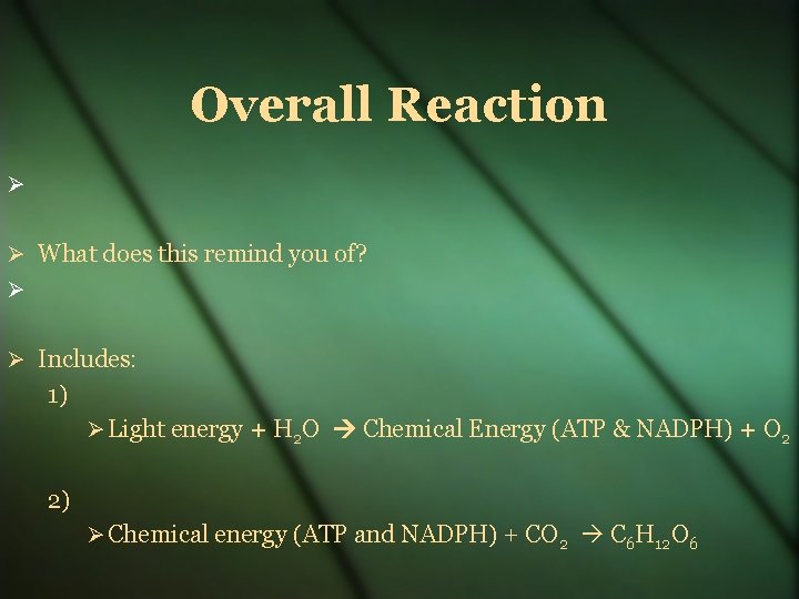 Overall Reaction What does this remind you of? Includes: 1) Light energy + H