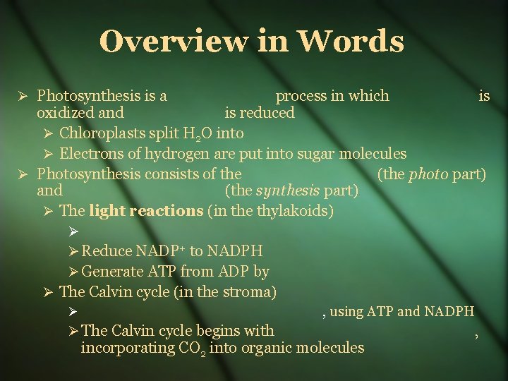 Overview in Words Photosynthesis is a process in which is oxidized and is reduced