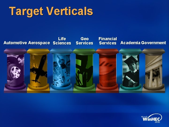 Target Verticals Life Automotive Aerospace Sciences Geo Services Financial Services Academia Government 