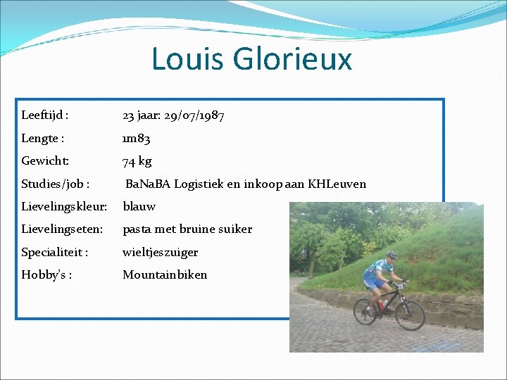 Louis Glorieux Leeftijd : 23 jaar: 29/07/1987 Lengte : 1 m 83 Gewicht: 74