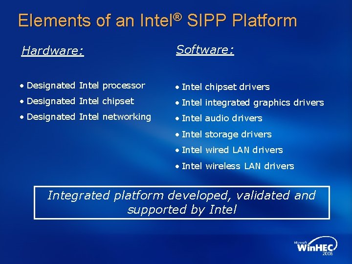 Elements of an Intel® SIPP Platform Hardware: Software: • Designated Intel processor • Intel