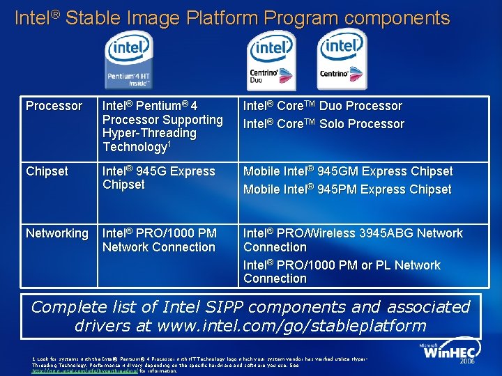 Intel® Stable Image Platform Program components Processor Intel® Pentium® 4 Processor Supporting Hyper-Threading Technology