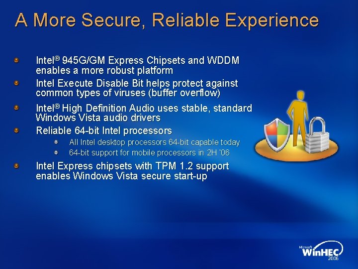 A More Secure, Reliable Experience Intel® 945 G/GM Express Chipsets and WDDM enables a