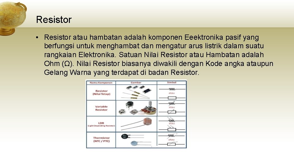 Resistor • Resistor atau hambatan adalah komponen Eeektronika pasif yang berfungsi untuk menghambat dan