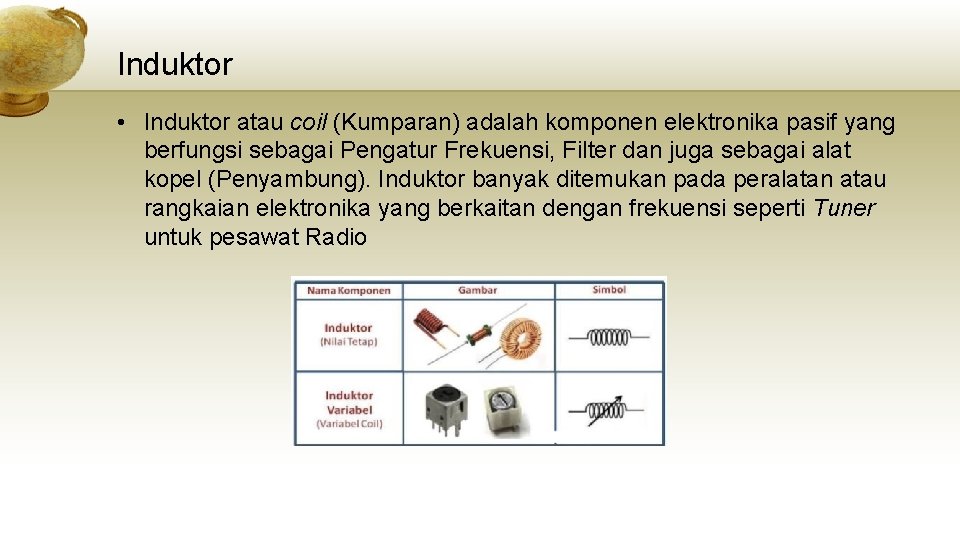 Induktor • Induktor atau coil (Kumparan) adalah komponen elektronika pasif yang berfungsi sebagai Pengatur