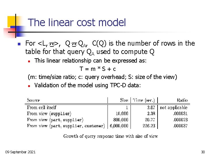 The linear cost model n For <L, _>, Q _ QA, C(Q) is the