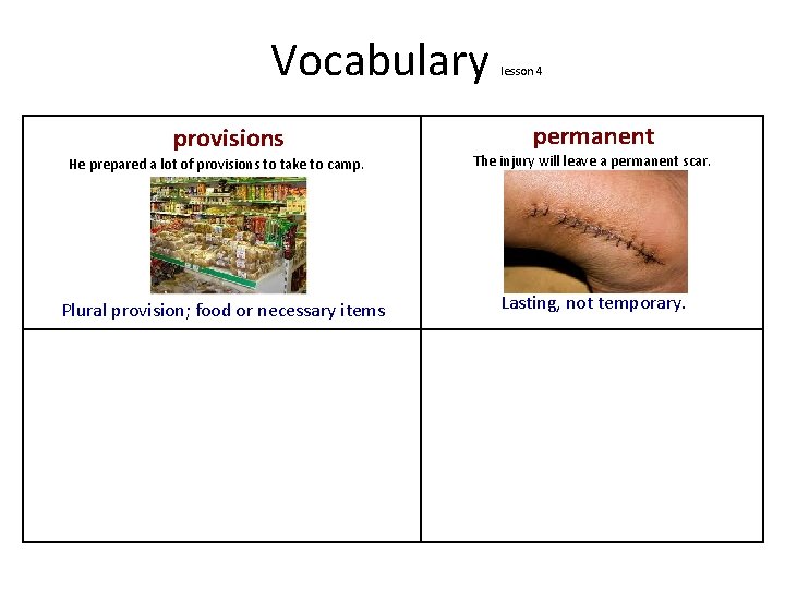 Vocabulary provisions He prepared a lot of provisions to take to camp. Plural provision;